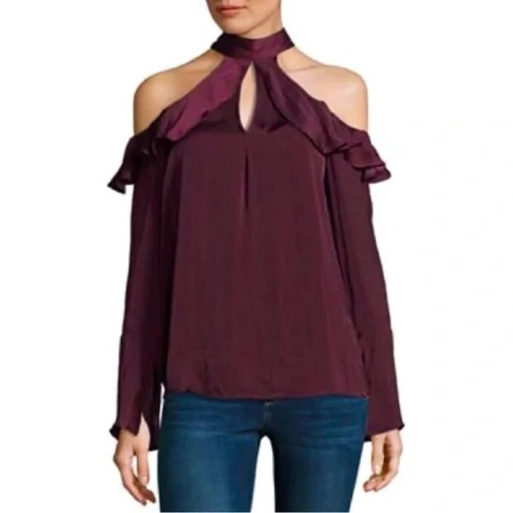Belle Sky Burgundy  Long Sleeve Ruffle Key Hole Top Sz XL
